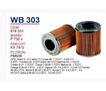 {Katagori} / MAZOT FILTRESI, VECTRA B (96-01) DIESEL-CORSA C (01-07) 1.7 DTI 818531 -SF109-P 732 X-KX 78D (SF-109 [WB303] 